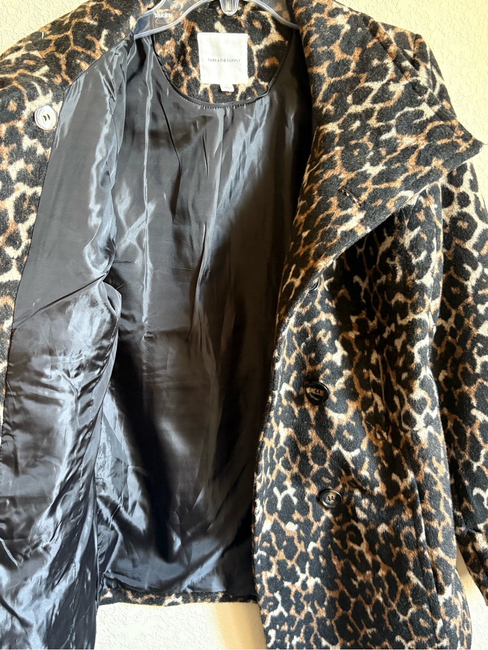 Thread & Supply Leopard Print Wool Blend Peacoat - Black, Brown & Cream, Sz. L